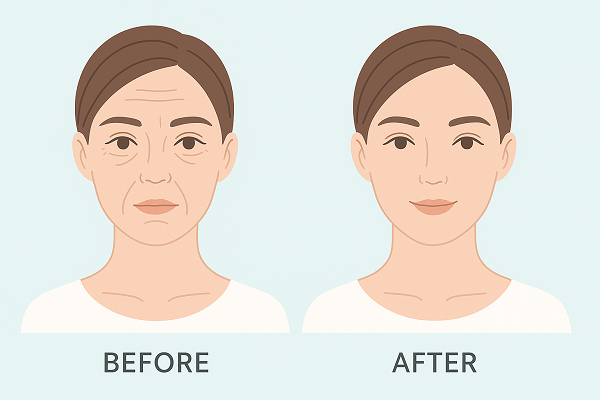 Before and after illustration of a woman’s face showing skin rejuvenation results after Profhilo injections.