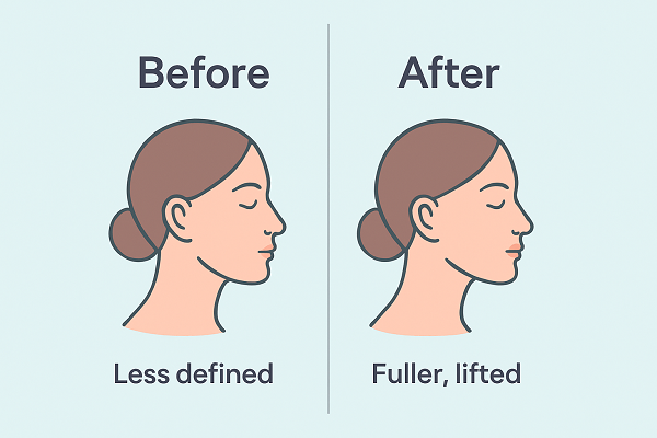 Before and after cheek fillers illustration on pastel clinic background.