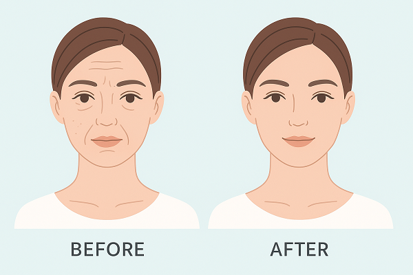 Before and after illustration of a woman’s face showing skin improvement after skin booster injections.