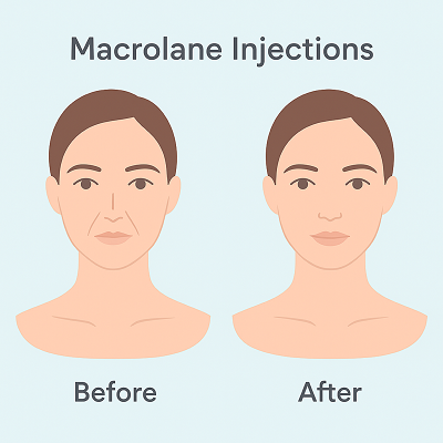 Before-and-after of a woman showing fuller cheeks and smoother skin after Macrolane injections on a pastel background.